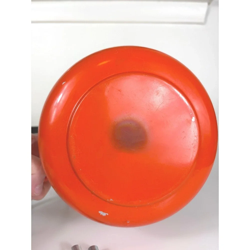 Vintage MCM Fondue Pot And Stand Orange Teakwood 60's Retro